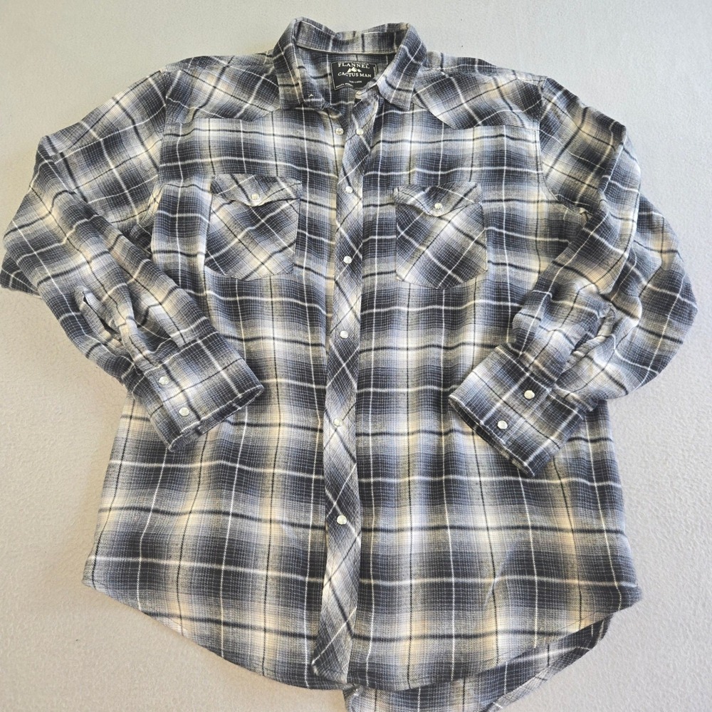 Cactus Man Flannel Shirt Mens Large Blue Black Ombre Plaid Western Snap Workwear